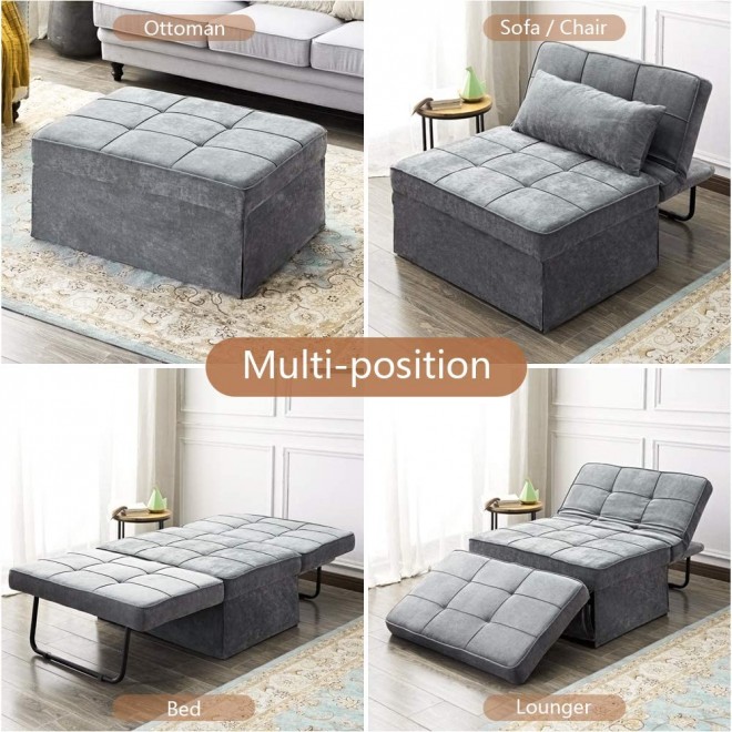 Ottoman Folding Chair Bed, Modern Velvet Sleeper Sofa Multi-Position Convertible Couch Lounger Guest Bed with Pillow for Small Space, Velvet Gray