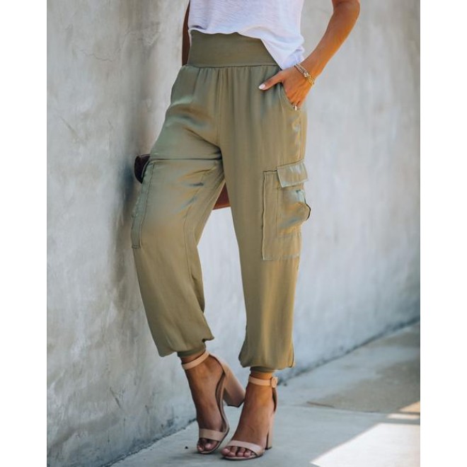 Mobile Pocketed Satin Cargo Joggers - Olive - FINAL SALE