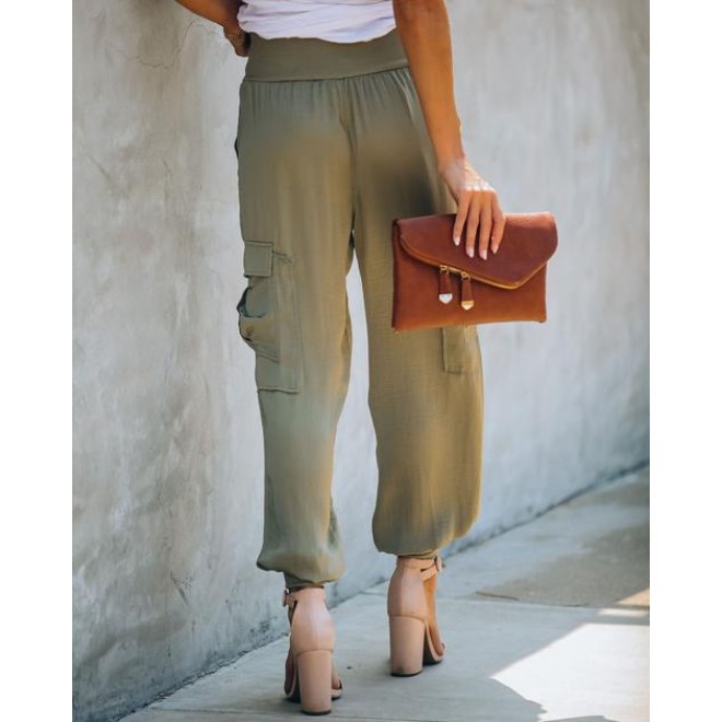 Mobile Pocketed Satin Cargo Joggers - Olive - FINAL SALE