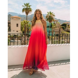 Mykonos Pleated Ombre Halter Maxi Dress - Pink Red