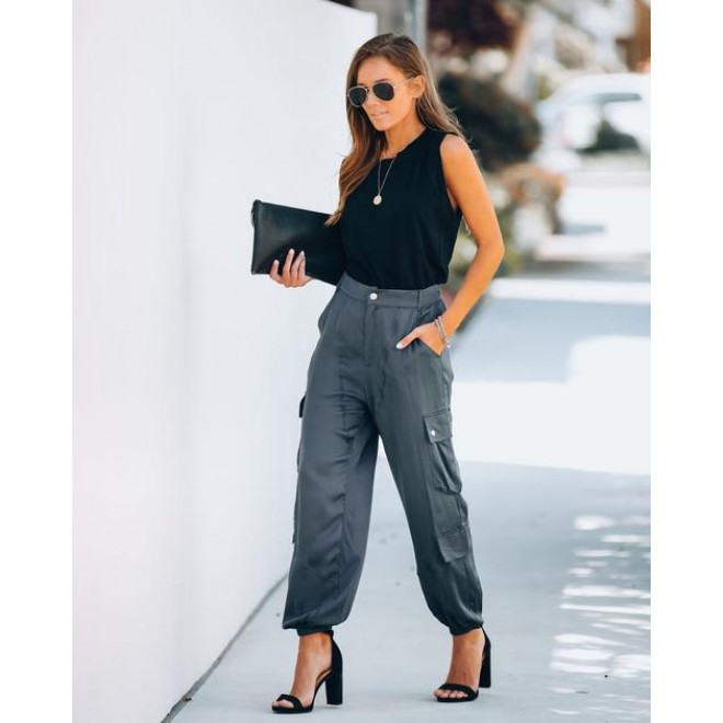 Justin Pocketed Satin Cargo Pants - Charcoal - FINAL SALE