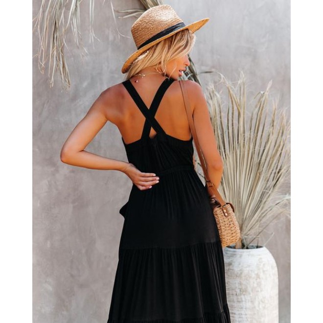 Grapevine Linen Blend Pocketed Maxi Dress - Black